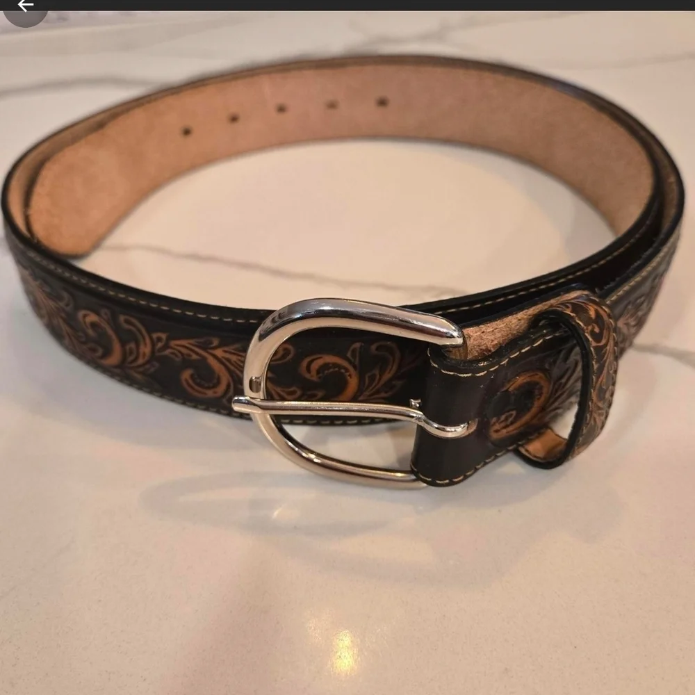Tony Lama Western Boho Tooled Leather Belt Made In The Usa Brown Size 42 XL